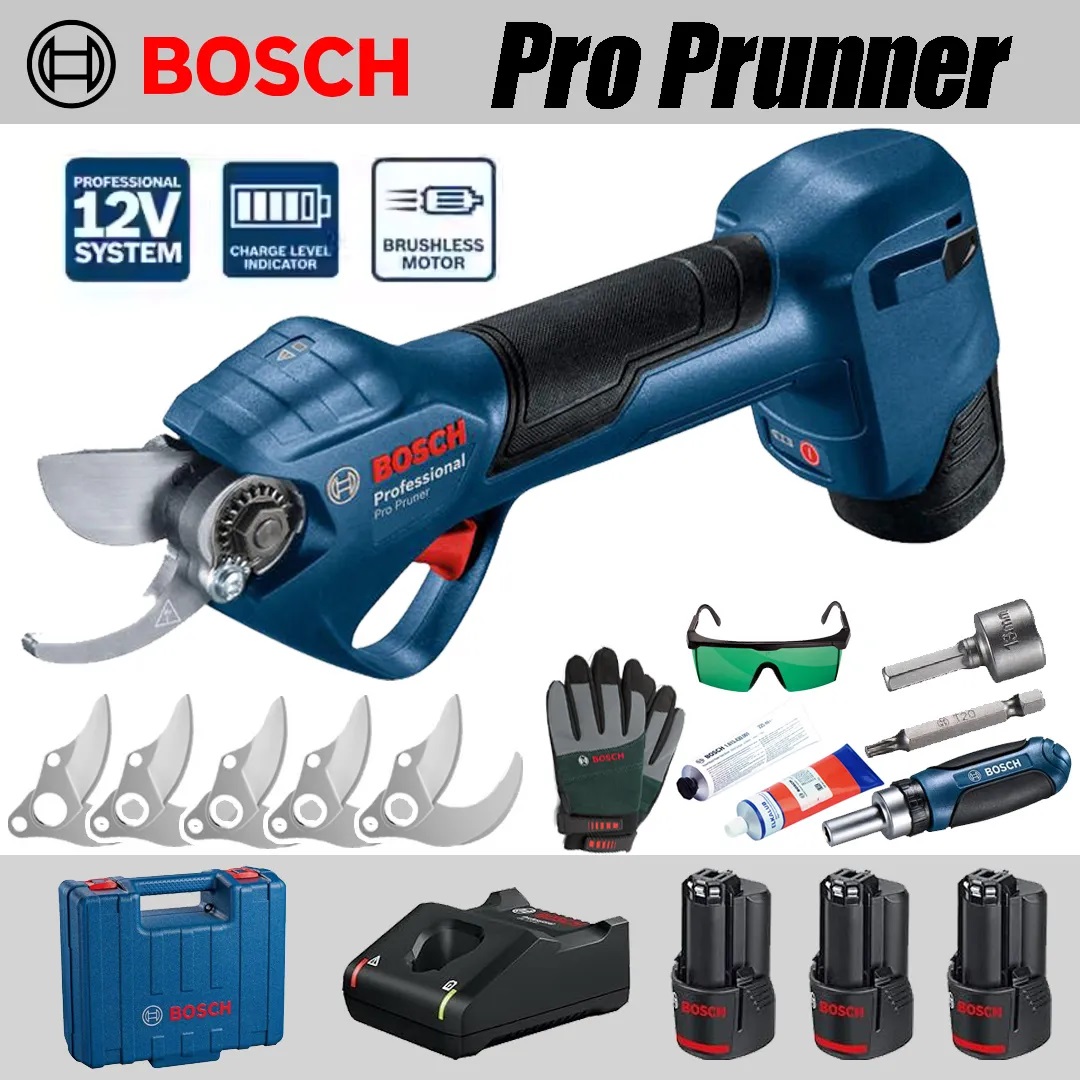 【BOSCH】1 tijera de podar, 4 baterías de litio, 5 cabezales de corte, 1 caja de almacenamiento, 1 cargador